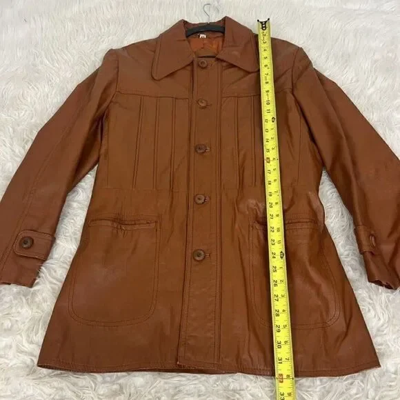 Vintage 70s Pampas Orange/Brown Leather Jacket Size 40 Button Up Mens Duster